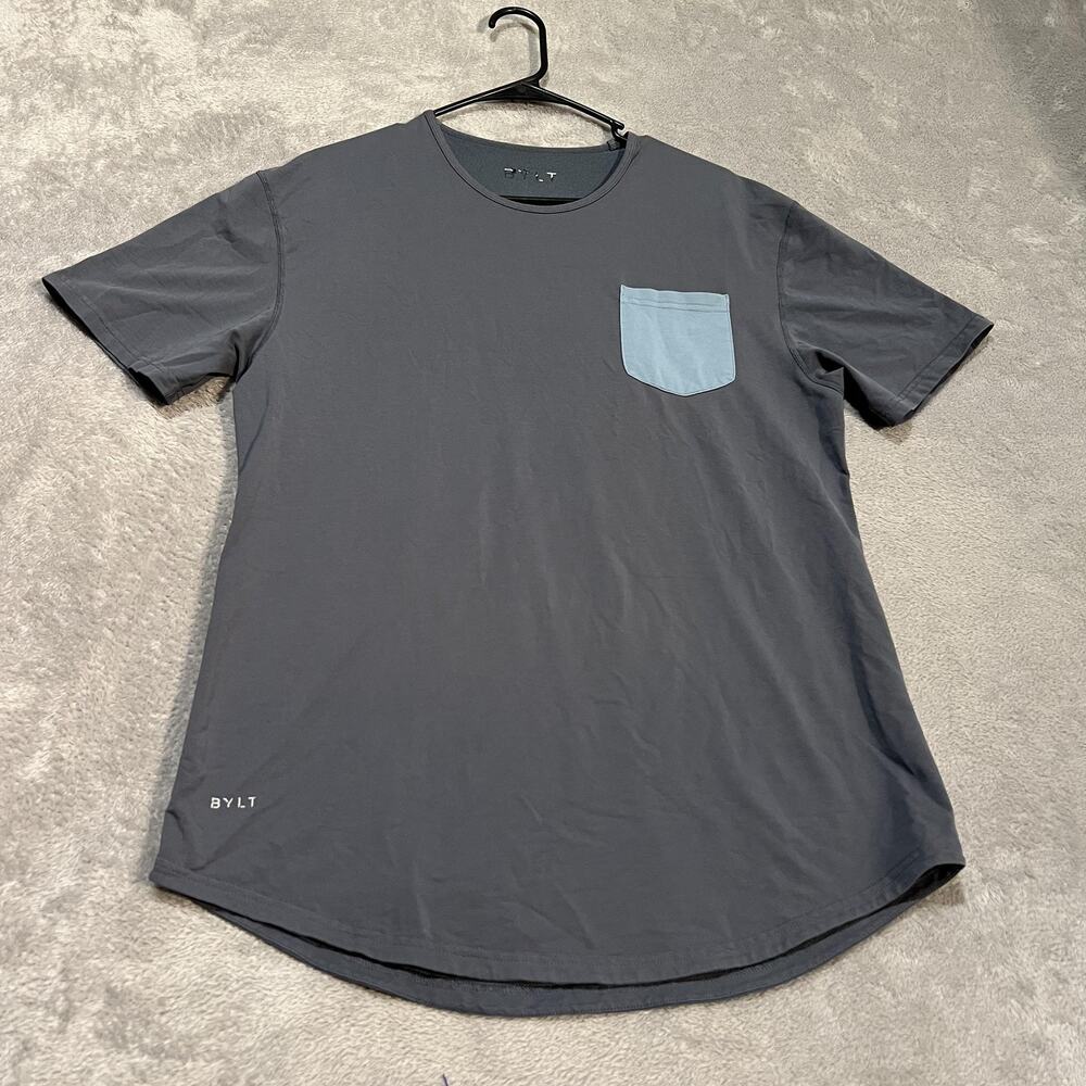 BYLT Shirt Mens Large Charcoal Drop-Cut Curved Hem Pocket Tee Contrast Blue